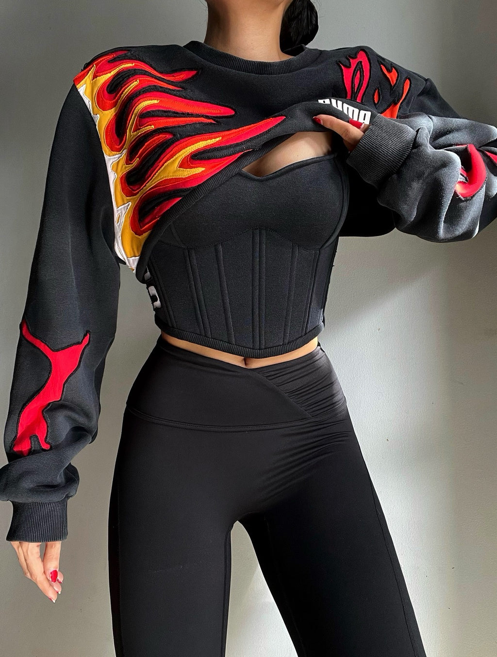 Made-to-order--Reworked Custom Puma Flamed Cropped Hoodie and Corset Top Set