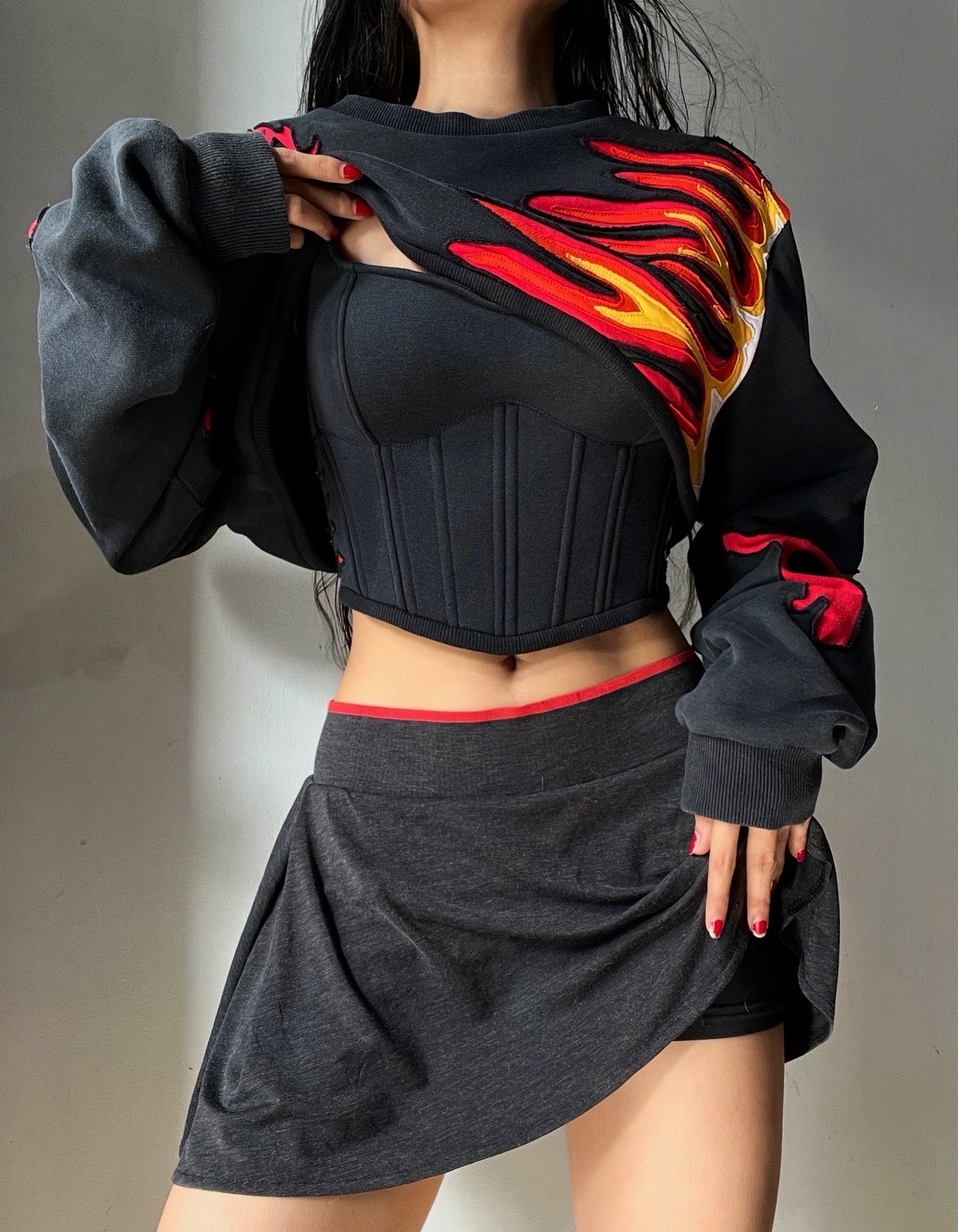 Made-to-order--Reworked Custom Puma Flamed Cropped Hoodie and Corset Top Set