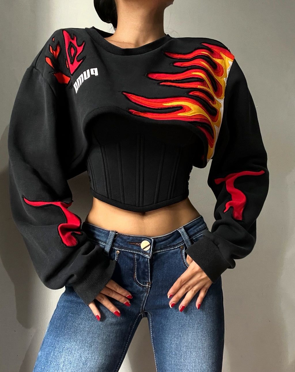 Made-to-order--Reworked Custom Puma Flamed Cropped Hoodie and Corset Top Set