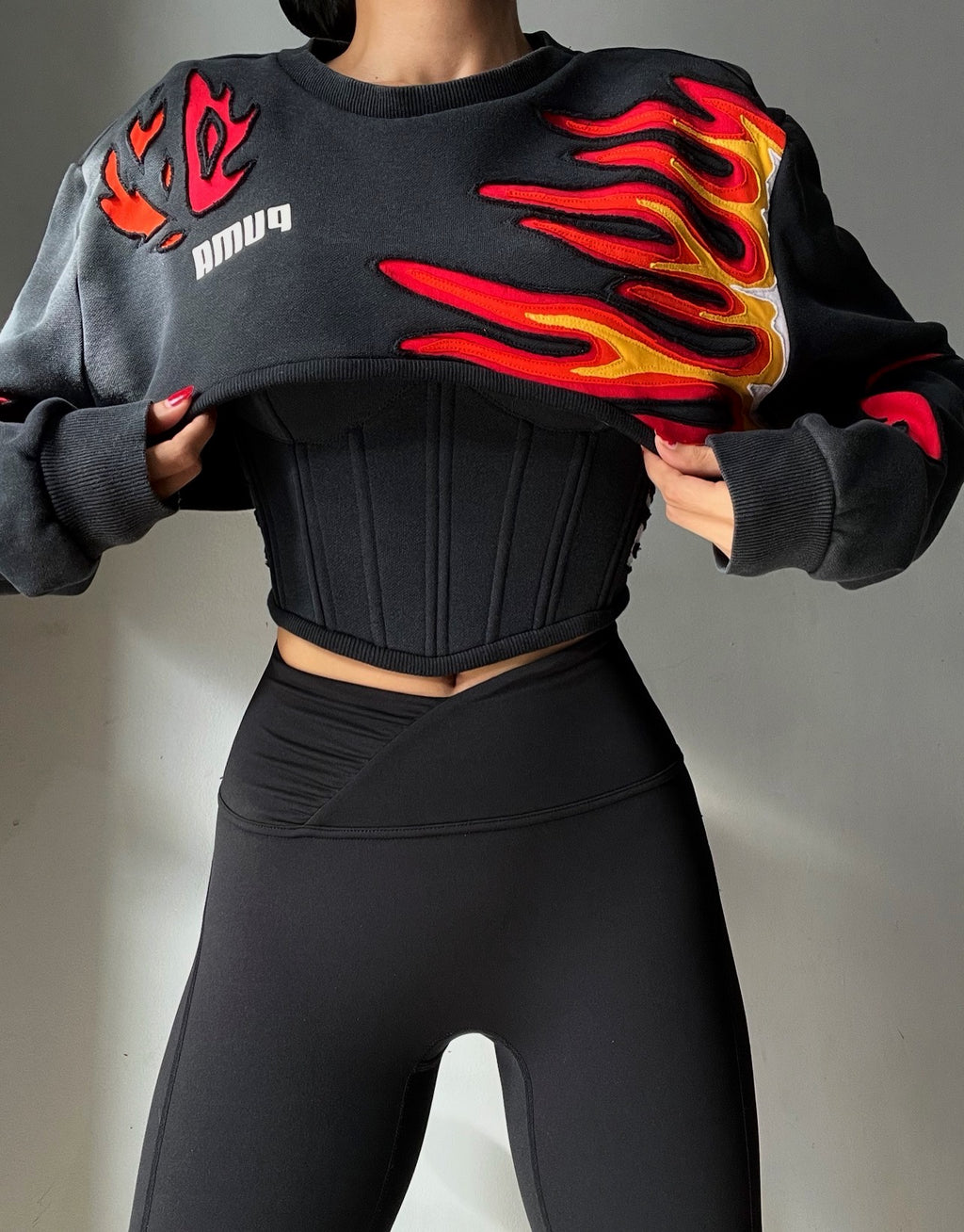 Made-to-order--Reworked Custom Puma Flamed Cropped Hoodie and Corset Top Set