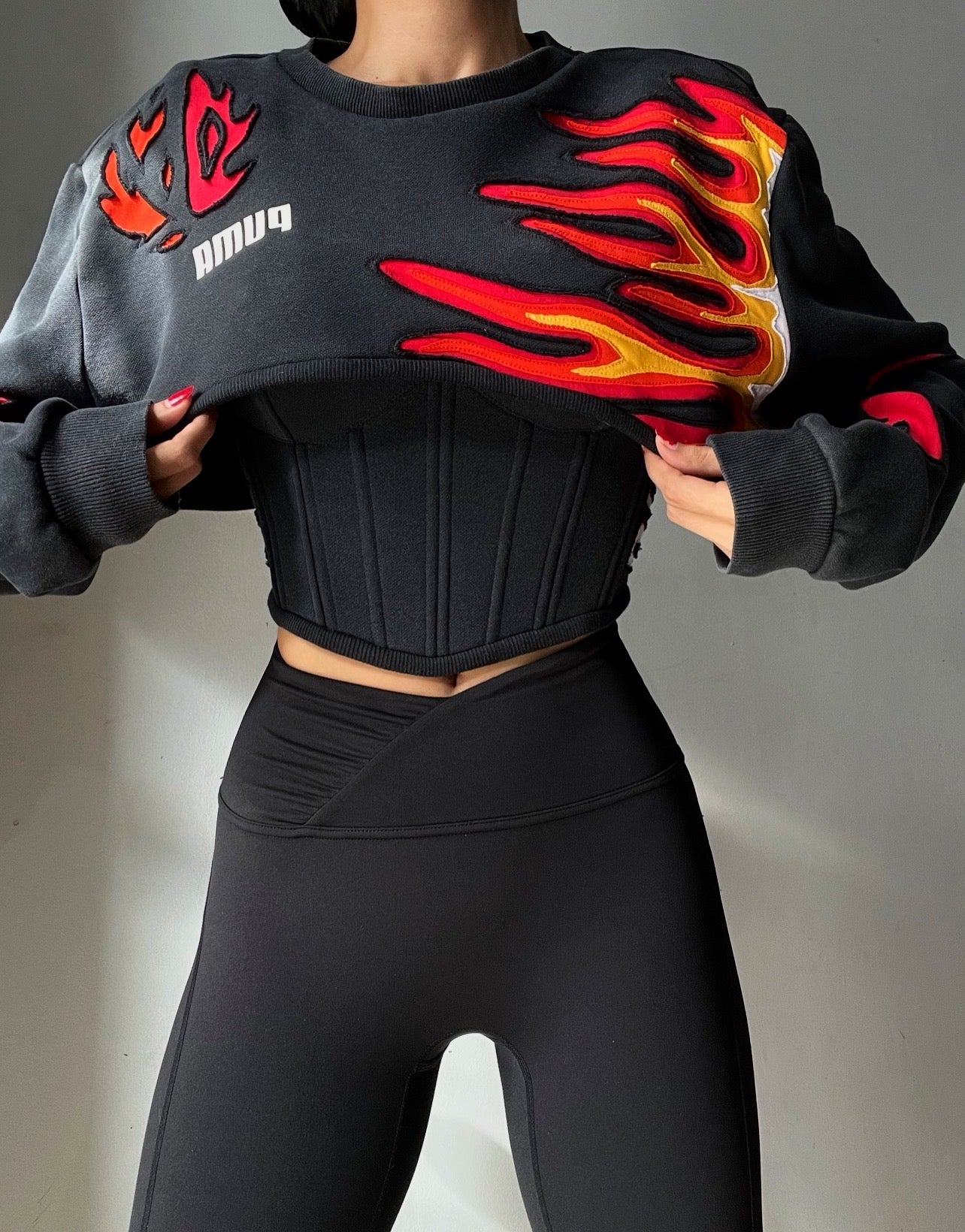 Made-to-order--Reworked Custom Puma Flamed Cropped Hoodie and Corset Top Set