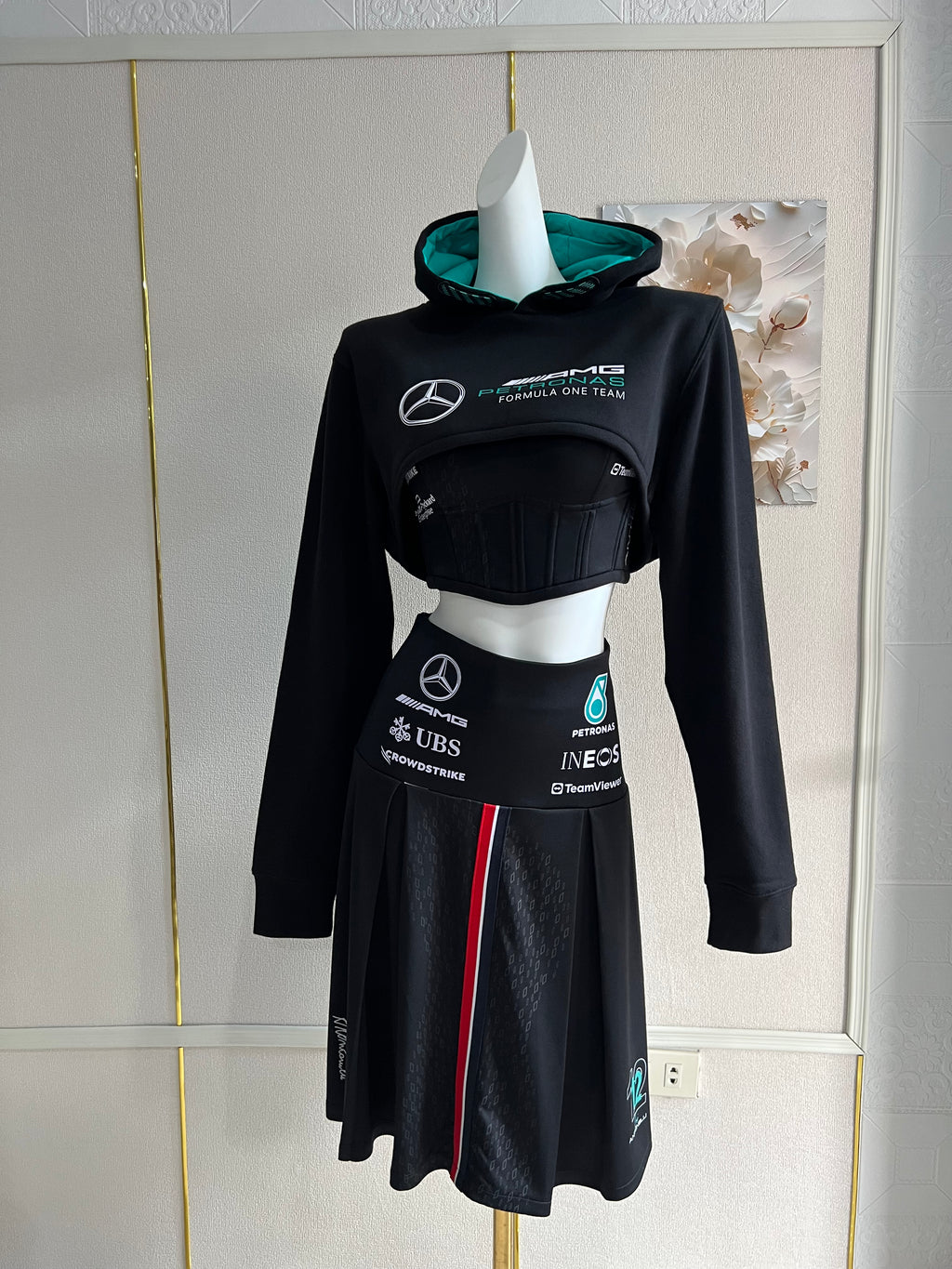Made-to-order--Custom AMG Cropped Hoodie, Corset Top and Skirt Set