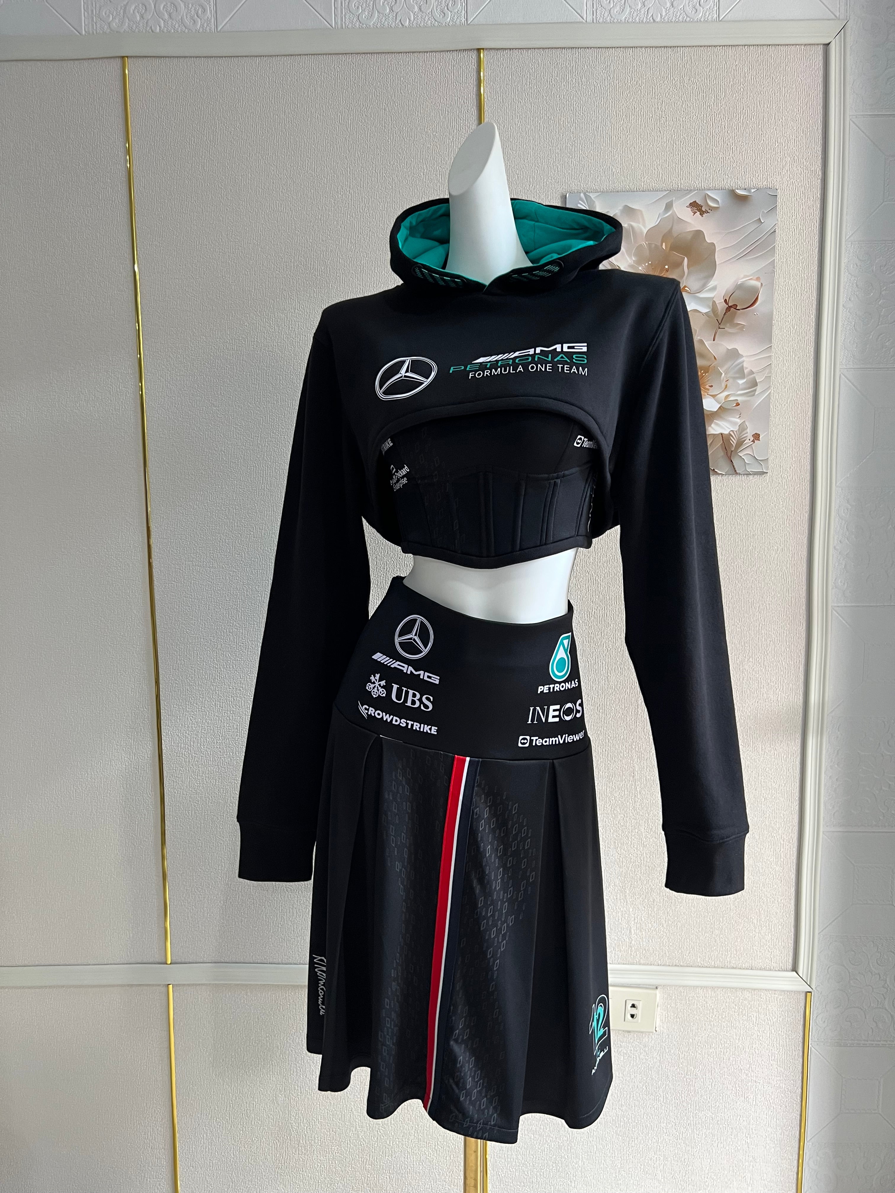 Made-to-order--Custom AMG Cropped Hoodie, Corset Top and Skirt Set