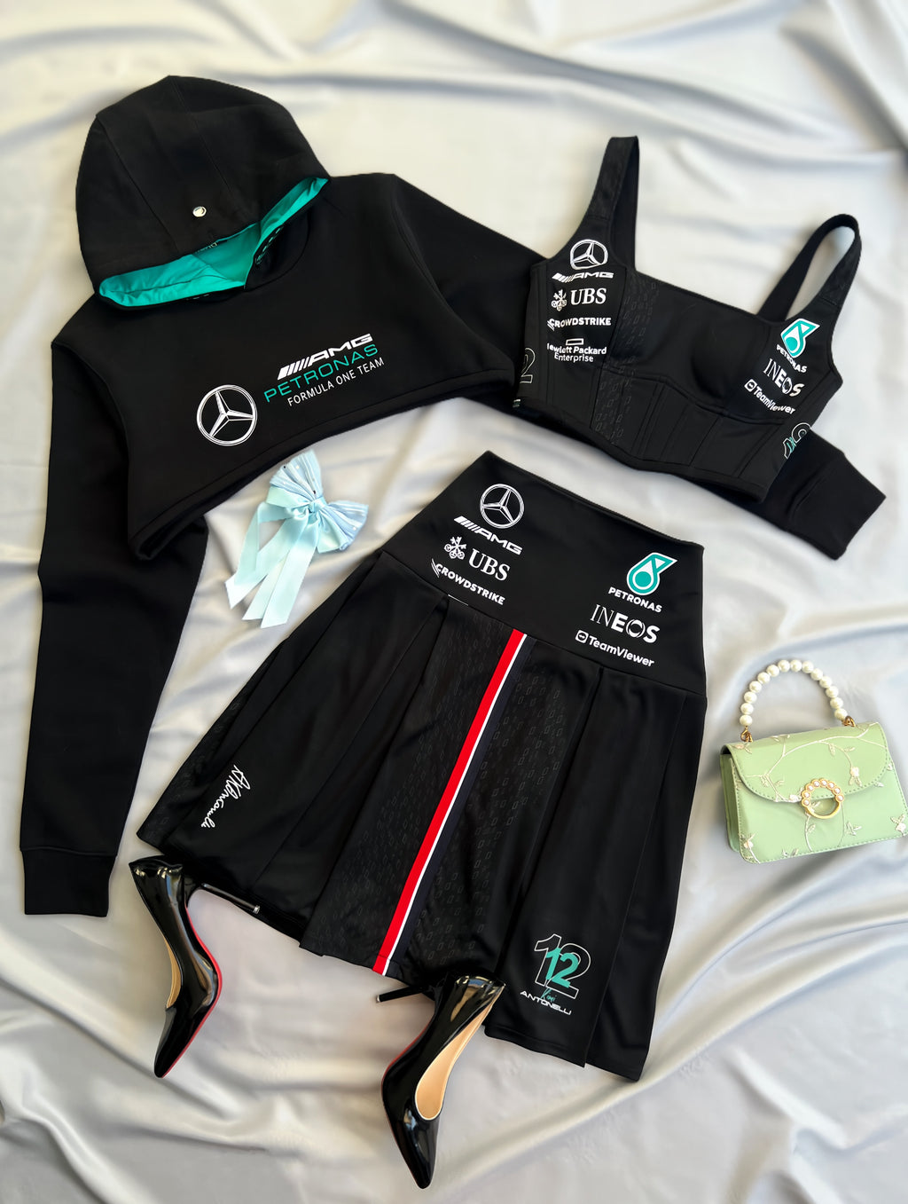 Made-to-order--Custom AMG Cropped Hoodie, Corset Top and Skirt Set