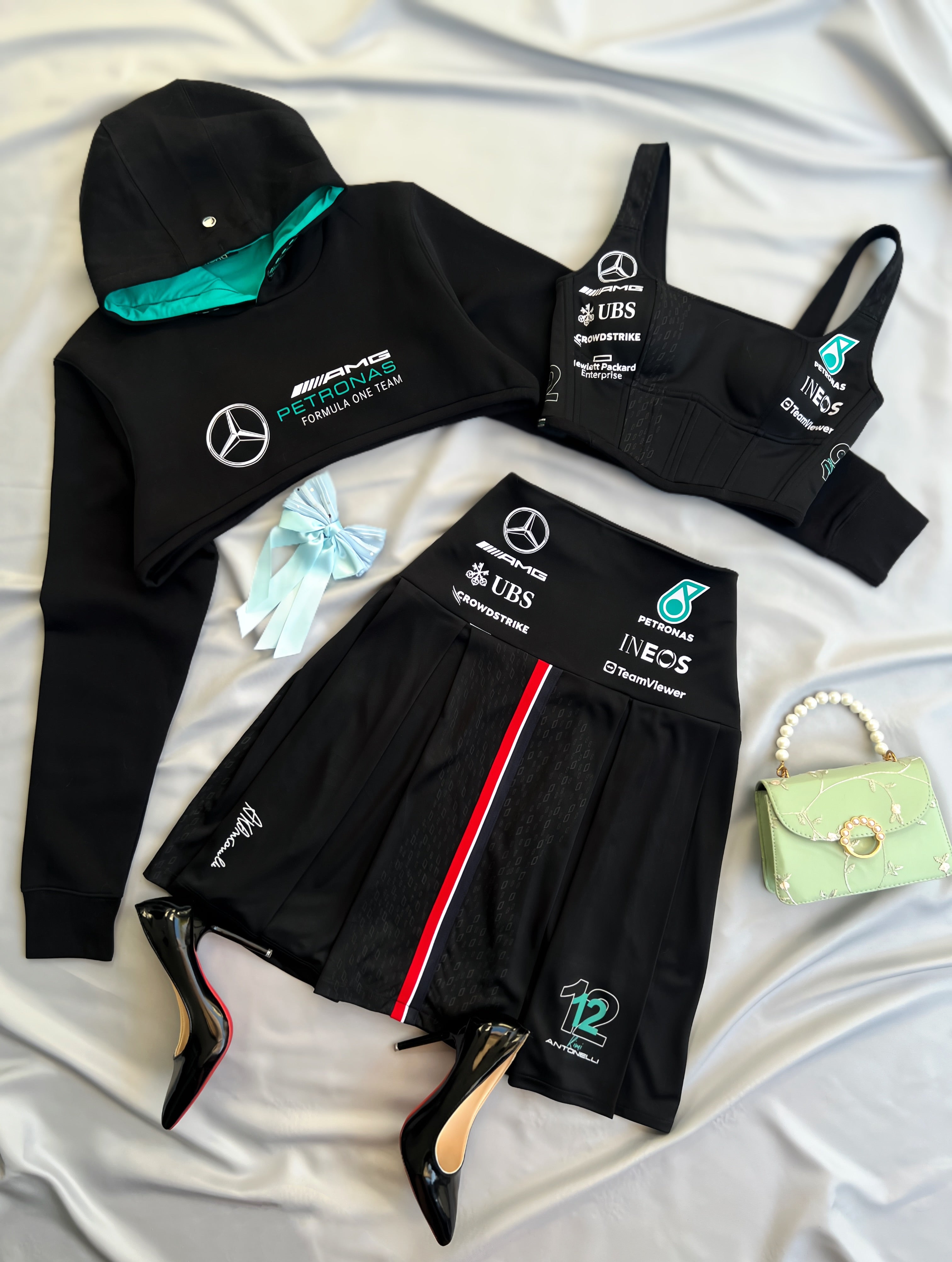 Made-to-order--Custom AMG Cropped Hoodie, Corset Top and Skirt Set