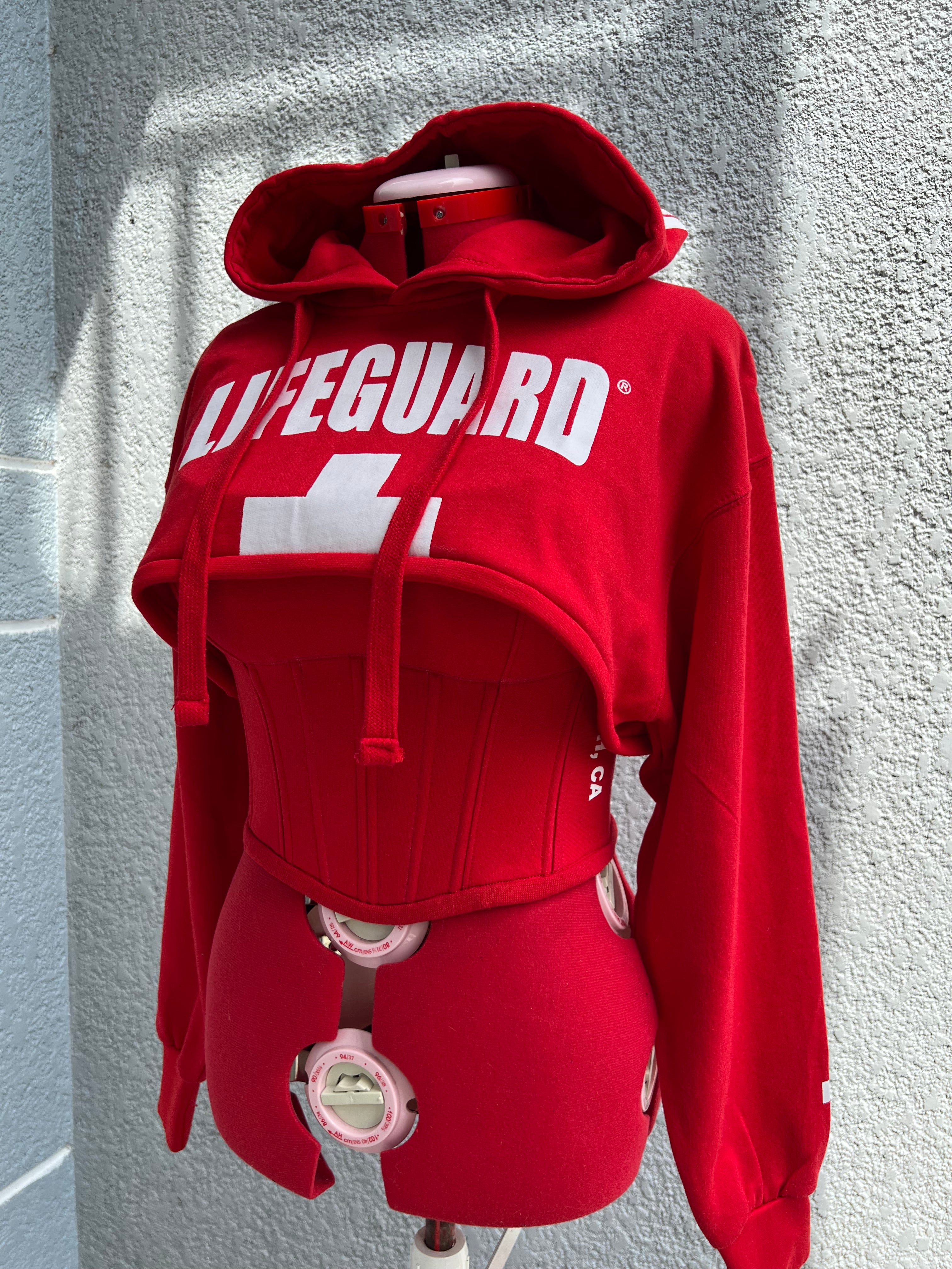 Made-to-order--Custom Reworked Lifeguard Inspired Cropped Hoodie with Matching Corset