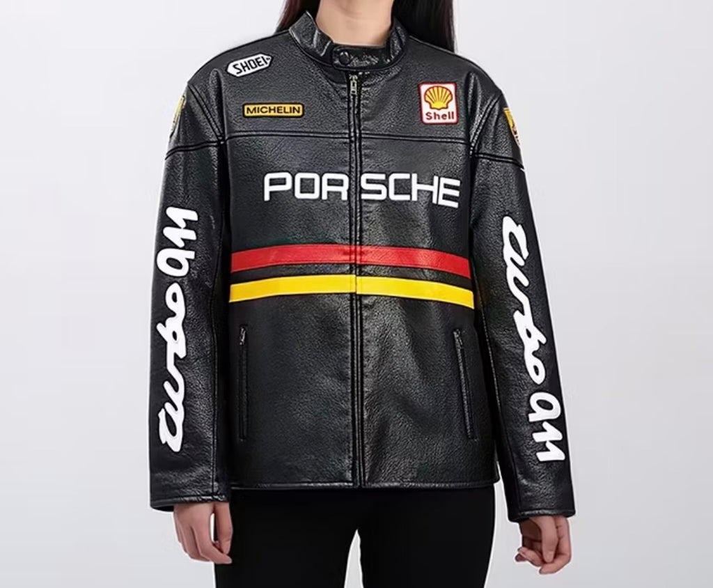 Vintage Style Embroidery leather Porsche Bomber Jacket