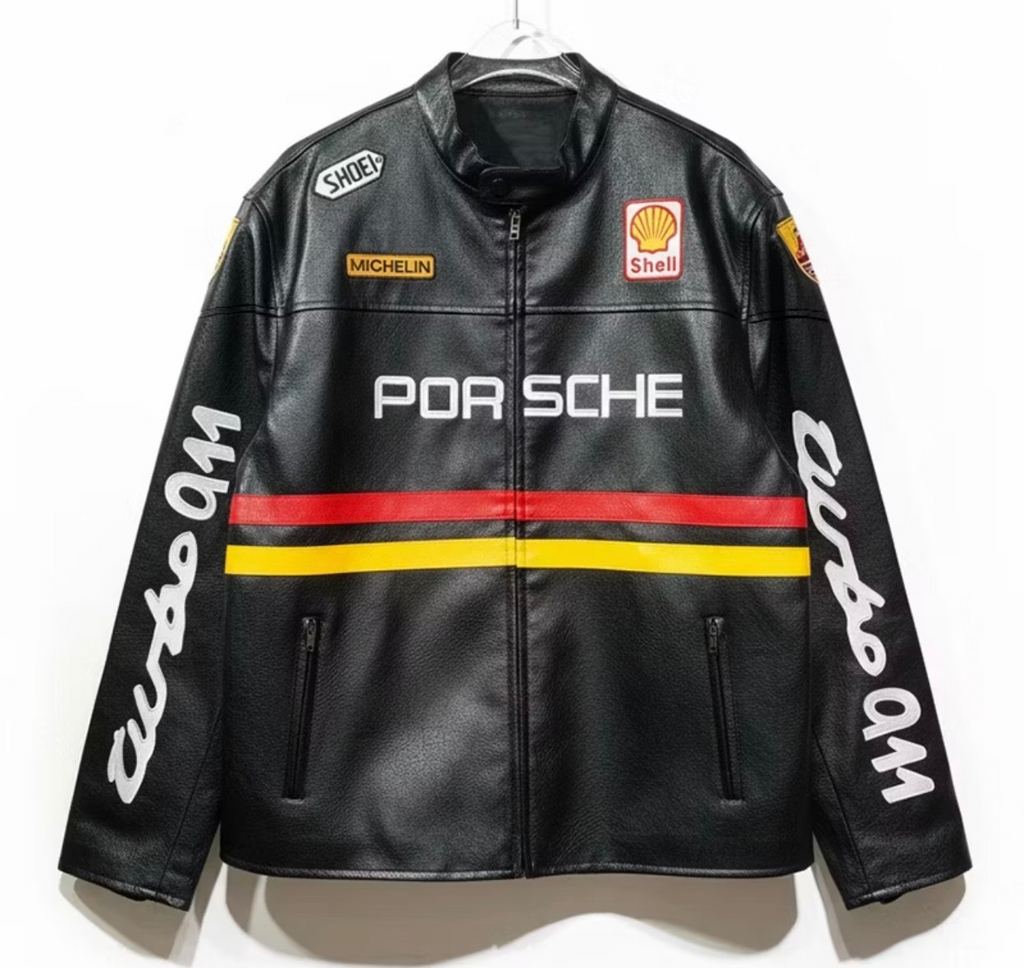 Vintage Style Embroidery leather Porsche Bomber Jacket