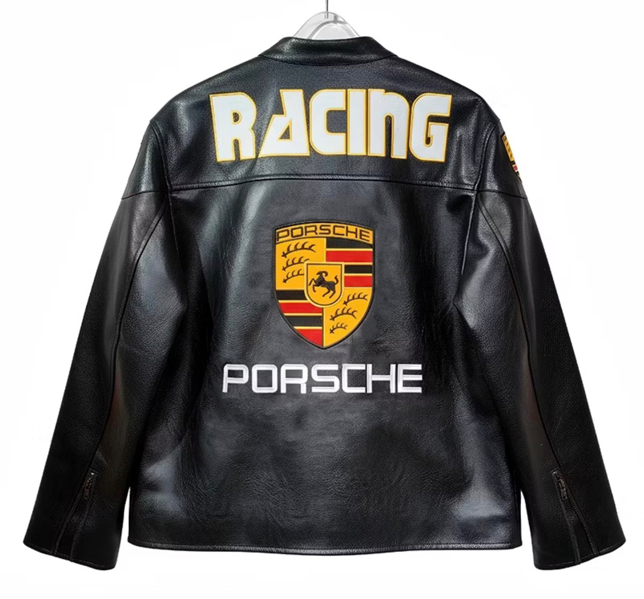 Vintage Style Embroidery leather Porsche Bomber Jacket
